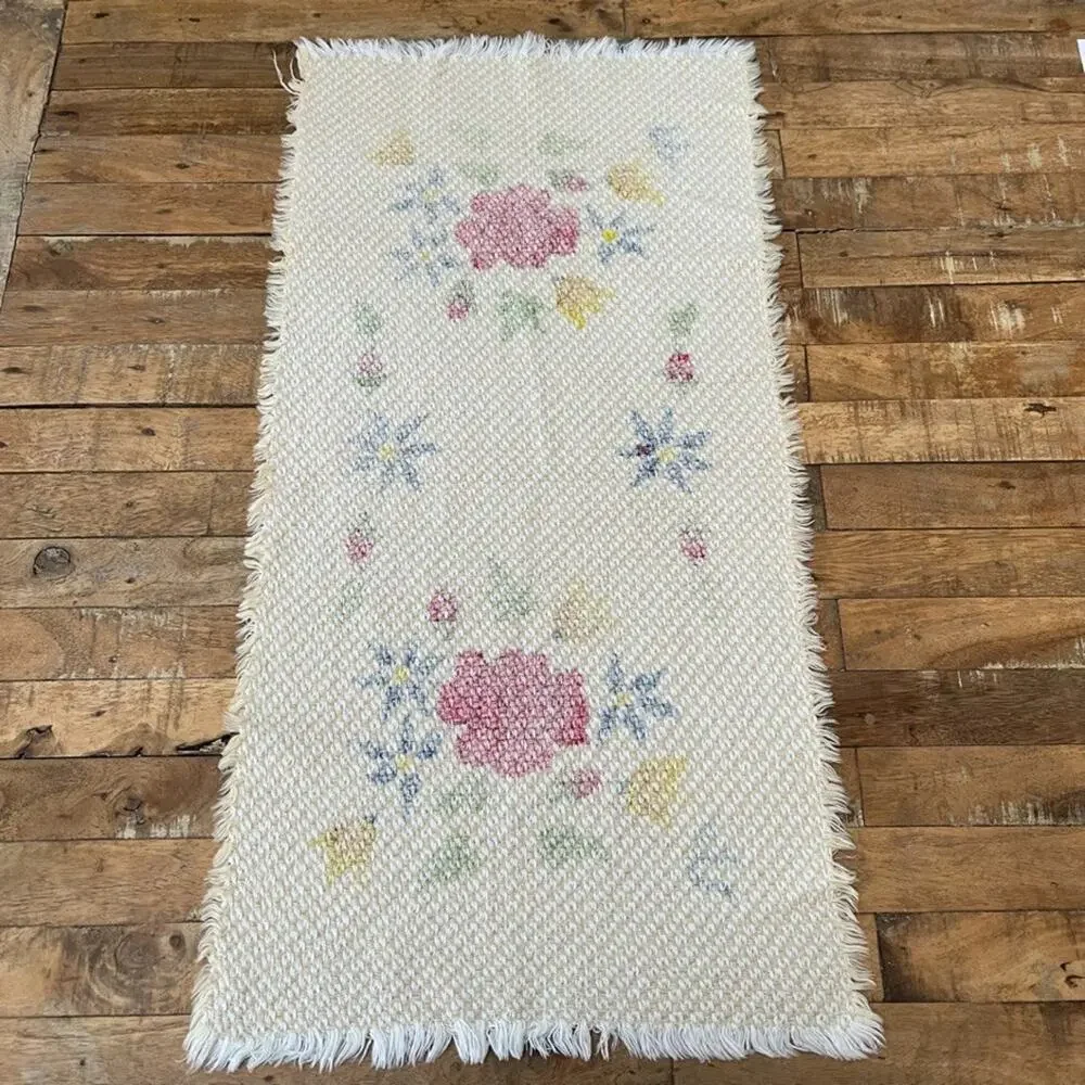 Hand-Painted Rose Floral Small Table Runner 14 x 28 in Woven Cotton Textile